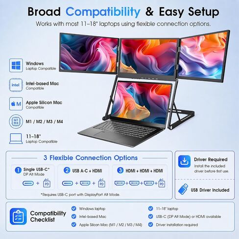 15.6" Triple Laptop Screen Extender, FHD 1080P IPS Portable Monitor for 11-18" Laptops, Foldable 360° Rotating Display, USB-C & HDMI, Compatible with Windows and MacOS in Kuwait