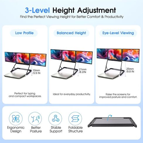 15.6" Triple Laptop Screen Extender, FHD 1080P IPS Portable Monitor for 11-18" Laptops, Foldable 360° Rotating Display, USB-C & HDMI, Compatible with Windows and MacOS in Kuwait