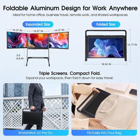 15.6" Triple Laptop Screen Extender, FHD 1080P IPS Portable Monitor for 11-18" Laptops, Foldable 360° Rotating Display, USB-C & HDMI, Compatible with Windows and MacOS in Kuwait