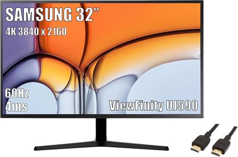SAMSUNG 32-Inch ViewFinity UJ590 UHD Monitor, 4K (3840x2160) Display, 60Hz, 4ms, HDMI/Display Port, AMD FreeSync, Eye Saver/Flicker Free Mode, Dark Gray/Blue, with MTC HDMI Cable in Kuwait