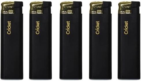 Cricket Lighters Electronic 5 Pack Original Size Black Matte Gold Cap Made in Holland in Kuwait