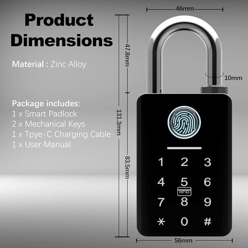 Heavy Duty Fingerprint Padlock with Key, Outdoor Smart Padlock with Code Keypad, Smart Combination Gate Lock for Outdoor Fence, Gate, Storage Unit, Tuya App, Waterproof (10 mm Shackle) in Kuwait