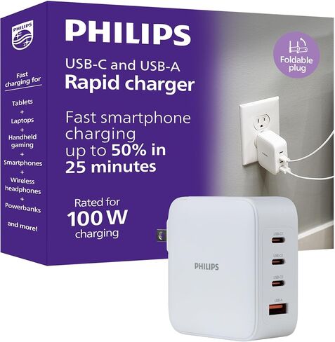 Philips USB C Fast Charger, 100W, 4-Ports, 3 USB-C, 1 USB-A, Foldable Plug in Kuwait