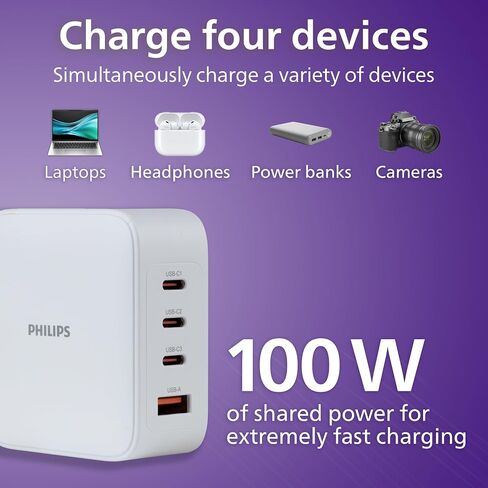 Philips USB C Fast Charger, 100W, 4-Ports, 3 USB-C, 1 USB-A, Foldable Plug in Kuwait