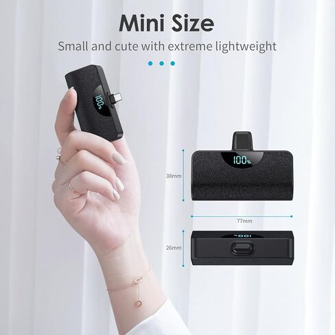 Mini Portable Charger USB-C Power Bank 5200mAh,Ultra Compact LCD Display Battery Pack Backup Charger Compatible with iPhone 17/17 Air/17 Pro/17 Pro Max/16/16 Plus/16 Pro/15 Series,Galaxy,Android etc in Kuwait