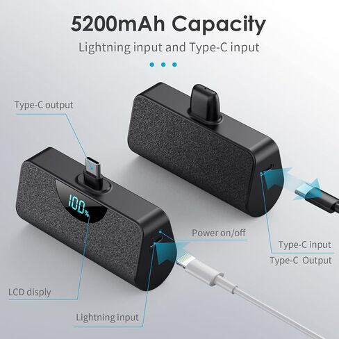 Mini Portable Charger USB-C Power Bank 5200mAh,Ultra Compact LCD Display Battery Pack Backup Charger Compatible with iPhone 17/17 Air/17 Pro/17 Pro Max/16/16 Plus/16 Pro/15 Series,Galaxy,Android etc in Kuwait