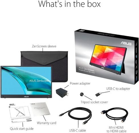 ASUS ZenScreen 15.6" 1080P Portable USB-C Monitor (MB16AHG) - Full HD, IPS, 144Hz, Mini-HDMI, Freesync Premium™, Ergo Kickstand, Eye Care, Blue Light Filter, Tripod Mountable, Protective Sleeve in Kuwait