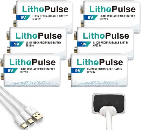 LithoPulse 6 Pack 9V Lithium Batteries Rechargeable 1200mAh 9 Volt Battery in Kuwait