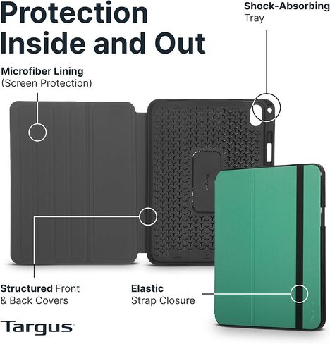 Targus Click-in Rotating Case for iPad A16 11-Inch & iPad 10th Gen 10.9-Inch, Military Grade Protective Folio Case with 360 Rotation, Stand, Apple Pencil Holder & Elastic Closure, Green - THZ96505US in Kuwait