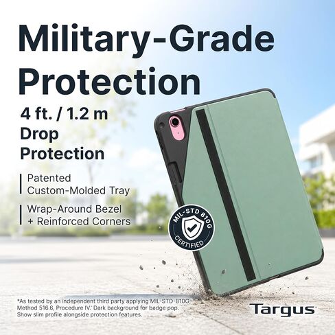 Targus Click-in Rotating Case for iPad A16 11-Inch & iPad 10th Gen 10.9-Inch, Military Grade Protective Folio Case with 360 Rotation, Stand, Apple Pencil Holder & Elastic Closure, Green - THZ96505US in Kuwait