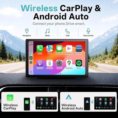9’’ Wireless CarPlay Screen for Car 4K Dash Cam Portable CarPlay & Android Auto Car Stereo, Backup Camera Navigation Bluetooth Mirror Link Voice Control SWC in Kuwait