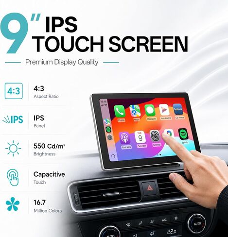 9’’ Wireless CarPlay Screen for Car 4K Dash Cam Portable CarPlay & Android Auto Car Stereo, Backup Camera Navigation Bluetooth Mirror Link Voice Control SWC in Kuwait