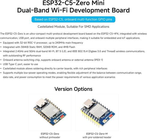 Waveshare ESP32-C5 Mini Development Board, Equipped with 32-bit RISC-V Processor, Integrated 2.4GHz/5GHz Dual-Band Wi-Fi 6 and BLE 5 in Kuwait