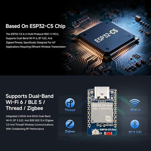 Waveshare ESP32-C5 Mini Development Board, Equipped with 32-bit RISC-V Processor, Integrated 2.4GHz/5GHz Dual-Band Wi-Fi 6 and BLE 5 in Kuwait