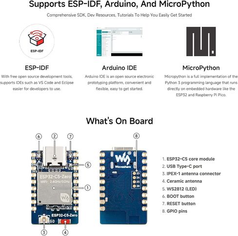 Waveshare ESP32-C5 Mini Development Board, Equipped with 32-bit RISC-V Processor, Integrated 2.4GHz/5GHz Dual-Band Wi-Fi 6 and BLE 5 in Kuwait