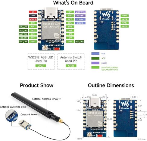 Waveshare ESP32-C5 Mini Development Board, Equipped with 32-bit RISC-V Processor, Integrated 2.4GHz/5GHz Dual-Band Wi-Fi 6 and BLE 5 in Kuwait