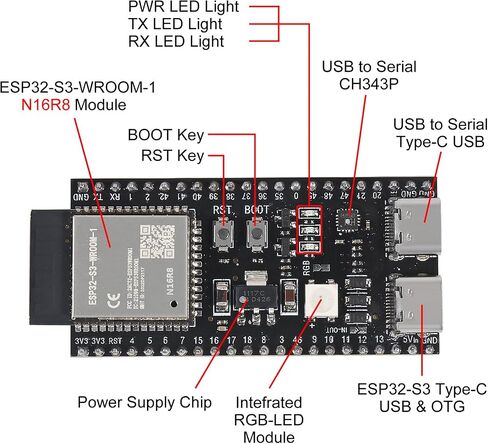 1PCS ESP32-S3 Development Board N16R8 MCU with Dual-Mode Wi-Fi Bluetooth Type-C ESP32-S3-WROOM-1, Compatible with Arduino IoT(Welded Pins) in Kuwait