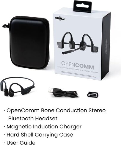 SHOKZ (AfterShokz OpenComm - Bone Conduction Open-Ear Stereo Bluetooth Headset with Noise-Canceling Boom Microphone - Wireless Headset for Mobile Use, with Bookmark (Renewed), Black in Kuwait