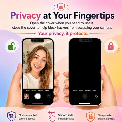 Front Camera Cover Compatible with iPhone 17e/16e/14/14 Plus/13 Series, Anti‑Spy Webcam Slide, Ultra Thin Lens Cap, Lens Protector with Strong Adhesive, Privacy & Security Protector-Black (2 Pack) in Kuwait