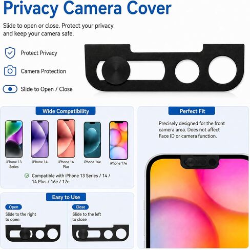 Front Camera Cover Compatible with iPhone 17e/16e/14/14 Plus/13 Series, Anti‑Spy Webcam Slide, Ultra Thin Lens Cap, Lens Protector with Strong Adhesive, Privacy & Security Protector-Black (2 Pack) in Kuwait