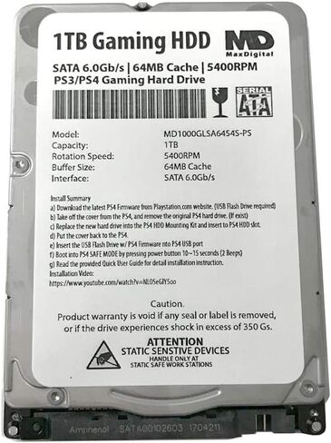 MaxDigitalData 1TB 5400RPM 64MB Cache (7mm) SATA 6.0Gb/s 2.5inch PS3/PS4 Gaming Hard Drive - 2 Year Warranty in Kuwait