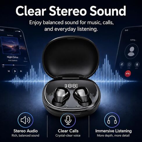 Sleep Earbuds, Mini Invisible Wireless Earbuds for Small Ears, Lightweight Earbuds for Side Sleepers, Ear Buds for Sleeping with LED Display Charging Case, Touch Control, for Office, Travel in Kuwait