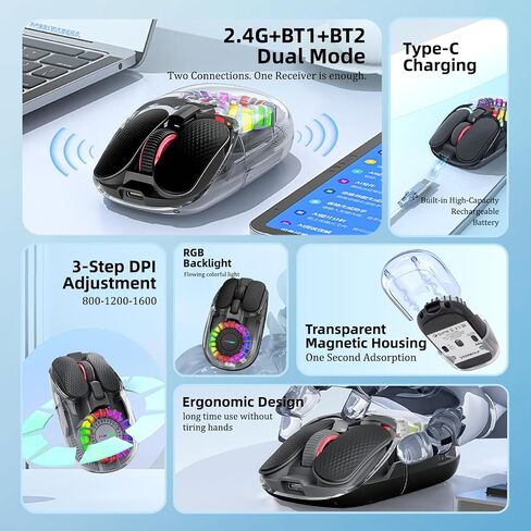 Wireless Bluetooth Mouse, Transparent BT+2.4G Dual-Mode Gaming Mouse with Magnetic Top Cover, Rechargeable RGB Backlit Computer Mouse for Laptop, PC, MacBook, iPad (Black) in Kuwait