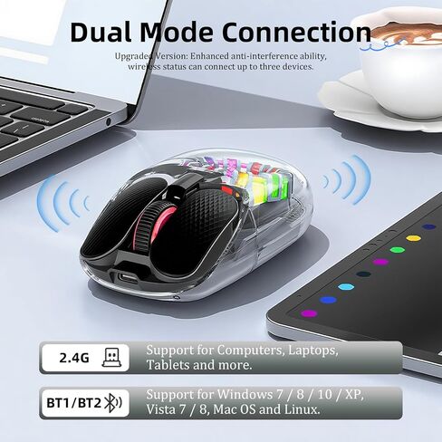 Wireless Bluetooth Mouse, Transparent BT+2.4G Dual-Mode Gaming Mouse with Magnetic Top Cover, Rechargeable RGB Backlit Computer Mouse for Laptop, PC, MacBook, iPad (Black) in Kuwait