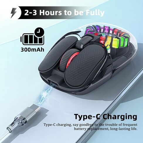 Wireless Bluetooth Mouse, Transparent BT+2.4G Dual-Mode Gaming Mouse with Magnetic Top Cover, Rechargeable RGB Backlit Computer Mouse for Laptop, PC, MacBook, iPad (Black) in Kuwait