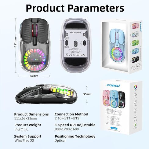 Wireless Bluetooth Mouse, Transparent BT+2.4G Dual-Mode Gaming Mouse with Magnetic Top Cover, Rechargeable RGB Backlit Computer Mouse for Laptop, PC, MacBook, iPad (Black) in Kuwait