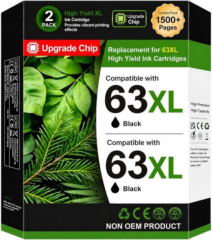 63XL Black Ink Cartridge Compatible for HP Ink 63, High Yield for HP 63 Black Ink Cartridge, Work for HP OfficeJet 3830 4650 5255 5258 5200, Envy 4520 4512 4510, DeskJet 1112 2130 3630 (2 Black Pack) in Kuwait