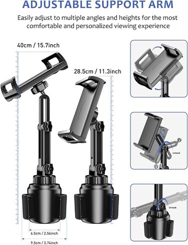 Tablet Holder for Car Cup: for iPad Cupholder Vehicle Mount with 𝗛𝗲𝗶𝗴𝗵𝘁 𝗔𝗱𝗷𝘂𝘀𝘁𝗮𝗯𝗹𝗲 Tab Mount Holder compatible with 4.7"-16.1" Cell Phone & Tablet Stand for Driver Travel Accessories in Kuwait