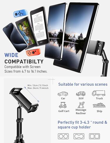 Tablet Holder for Car Cup: for iPad Cupholder Vehicle Mount with 𝗛𝗲𝗶𝗴𝗵𝘁 𝗔𝗱𝗷𝘂𝘀𝘁𝗮𝗯𝗹𝗲 Tab Mount Holder compatible with 4.7"-16.1" Cell Phone & Tablet Stand for Driver Travel Accessories in Kuwait