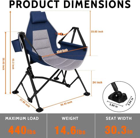 Romswi 1 Pcs Hammock Chair, Oversized Portable Folding Swinging Chair with Adjustable Back & Seat, Supports 440lbs for Outdoor, Patio, Lightweight Camp Chair Blue(Without footrest) in Kuwait