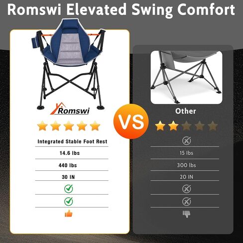Romswi 1 Pcs Hammock Chair, Oversized Portable Folding Swinging Chair with Adjustable Back & Seat, Supports 440lbs for Outdoor, Patio, Lightweight Camp Chair Blue(Without footrest) in Kuwait