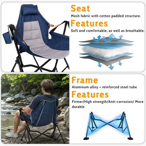 Romswi 1 Pcs Hammock Chair, Oversized Portable Folding Swinging Chair with Adjustable Back & Seat, Supports 440lbs for Outdoor, Patio, Lightweight Camp Chair Blue(Without footrest) in Kuwait