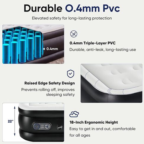 Sweetcrispy Weight Capacity 660 lbs Air Bed, Double Height, Non-Slip Bottom Design, Queen Air Mattress - 22" Inflatable Blow Up Airbed with Built-in High Capacity Pump for Home or Camping in Kuwait