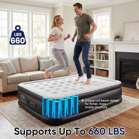 Sweetcrispy Weight Capacity 660 lbs Air Bed, Double Height, Non-Slip Bottom Design, Queen Air Mattress - 22" Inflatable Blow Up Airbed with Built-in High Capacity Pump for Home or Camping in Kuwait