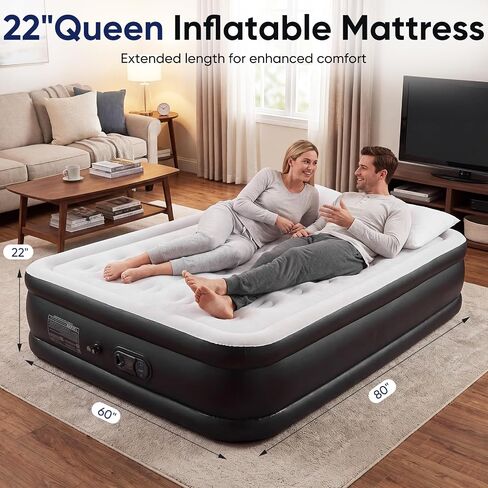 Sweetcrispy Weight Capacity 660 lbs Air Bed, Double Height, Non-Slip Bottom Design, Queen Air Mattress - 22" Inflatable Blow Up Airbed with Built-in High Capacity Pump for Home or Camping in Kuwait