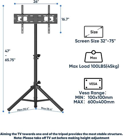 Portable Tripod TV Stand for 26-75 inch TVs, Outdoor TV Stand Mount with 15° Tilt, Height Adjustable Floor TV Stands for Flat/Curved Screens up to 100lbs, Max VESA 600x400mm, FORGINGMOUNT in Saudi Arabia