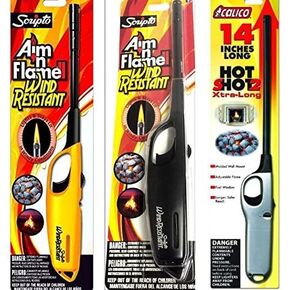 3 Pack - 2 Pack Scripto Multi Purpose Wind Resistant Lighter (Assorted Color) + 1 Pack Calico Hot Shot 2 Xtra Long Camping Grilling Home, Adjustable Flame in Kuwait