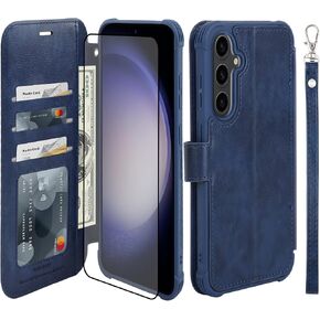 VANAVAGY Compatible for Galaxy S23 Wallet Case for Women Men, PU Leather Flip Cover with Wrist Strap for Wireless Charging with RFID Blocking Card Holder Screen Protector, Blue in Saudi Arabia