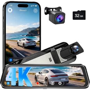 كاميرا داش بمرآة ذات 3 قنوات، مرآة مقاس 9.66 بوصة بدقة 4K أمامية بدقة 1080 بكسل داخلية وخلفية واي فاي in Kuwait
