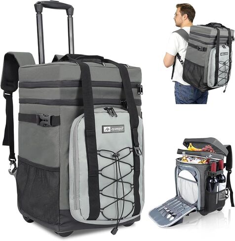 Backpack Cooler with Wheels, AYAMAYA 50 Can Rolling Cooler Backpack with Handle, 2-in-1 Collapsible Trolley Cart Double Deck Soft Cooler Bag for Beach, Picnic, Camping, Shopping, Travel in Kuwait