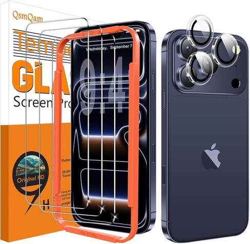QsmQam 3 Pack Screen Protector for iPhone 17 Pro 6.3 Inch + 1 Pack Individual Camera Lens Protector, Ultra HD Tempered Glass, Military Grade Shatterproof, Case Friendly [with Installation Frame] in Kuwait