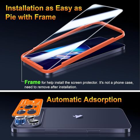 QsmQam 3 Pack Screen Protector for iPhone 17 Pro 6.3 Inch + 1 Pack Individual Camera Lens Protector, Ultra HD Tempered Glass, Military Grade Shatterproof, Case Friendly [with Installation Frame] in Kuwait