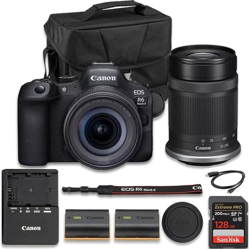 Canon EOS R6 Mark II Mirrorless Camera | USA Model | with RF 24-105mm f/4-7.1 is STM + RF-S 55-210mm f/5-7.1 is STM Lens + Extra LP-E6NH Lithium-Ion Battery + SanDisk Extreme Pro 128GB (17pc Bundle) in Kuwait