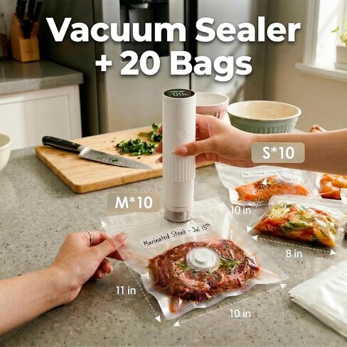 Compact Vacuum Sealer for Food (Vacuum Sealer Machine + 20 Reusable Vacuum Bags) Powerful Handheld Vacuum Sealers with LED Display, Seal Meal Saver, Portable Food Sealer in Kuwait