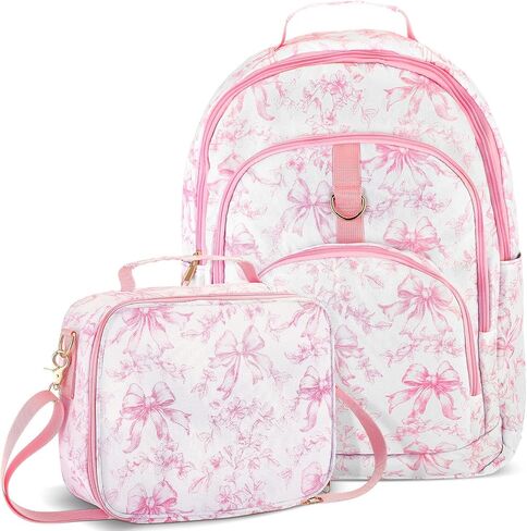 Hillban 2 Pcs Oxford Pink Bow Backpack Set with Pink Floral Lunch Bag in Kuwait