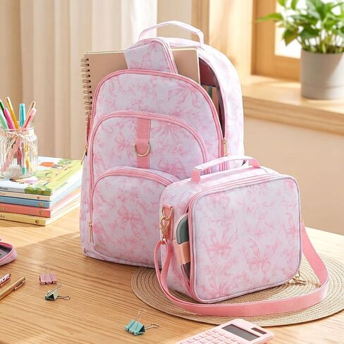 Hillban 2 Pcs Oxford Pink Bow Backpack Set with Pink Floral Lunch Bag in Kuwait